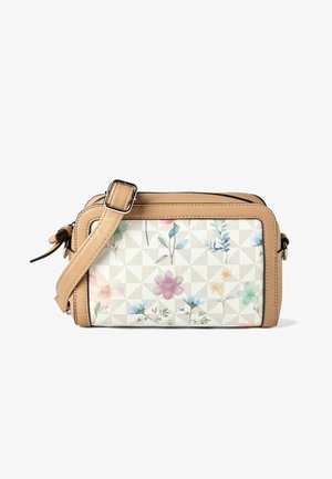 Kleine rechteckige Umhängetasche mit beigem Lederbesatz und -riemen, mit einem weißen Stoffpaneel mit pastellfarbenen Blumendesigns.