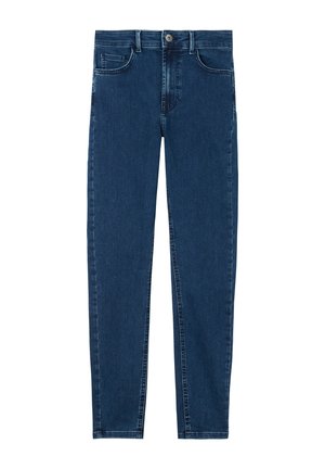 Dunkelblaue Denim-Jeans mit geradem Schnitt, Five-Pocket-Design, Knopfverschluss und subtiler Stickdetail entlang der Nähte.
