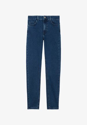 Mørkeblå denim jeans med lige pasform, fem-lomme design, knaplukning og diskret syning langs sømmen.