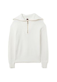 Witte gebreide trui met een hoge, opgevouwen kraag, een halve rits aan de voorkant, een textuurpatroon en geribbelde manchetten en zoom. Casual, lichtgewicht ontwerp.