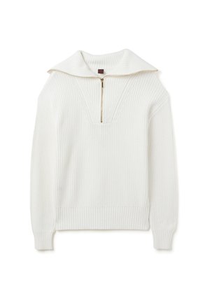 Suéter blanco de punto con un alto cuello doblado, cierre frontal de media cremallera, patrón texturizado y puños y dobladillo acanalados. Diseño casual y liviano.