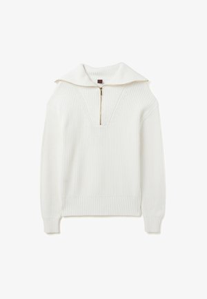 Witte gebreide trui met een hoge, opgevouwen kraag, een halve rits aan de voorkant, een textuurpatroon en geribbelde manchetten en zoom. Casual, lichtgewicht ontwerp.