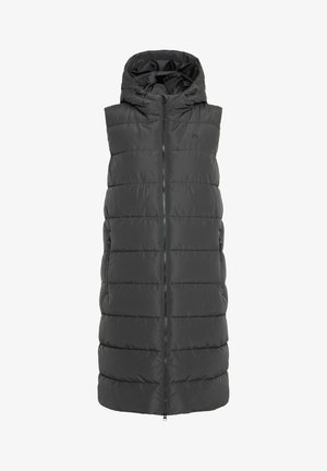 Puchowy czarny bezrękawnik z kapturem, z poziomym pikowaniem, z zamkiem błyskawicznym z przodu i dwoma bocznymi kieszeniami dla praktyczności.