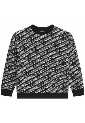 Czarna bluza z okrągłym dekoltem z powtarzającym się ukośnym białym napisem "KARL LAGERFELD" oraz ściągaczami przy mankietach i u dołu.