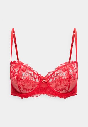 Soutien-gorge en dentelle rouge avec broderie florale, bretelles réglables, bonnets à armatures et petit nœud orné d'une perle au centre devant.