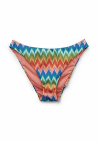 Bikini med en zigzag-mönster i blått, grönt, orange och rosa. Tillverkad av elastiskt material med en slät yta.