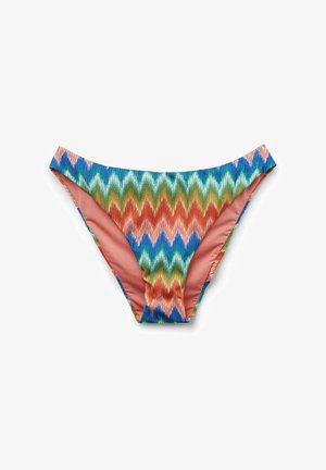 Bikini bottom featuring a zigzag pattern in blue, green, orange, and pink. Made of stretchy material with a smooth texture.