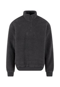 Fleece-pullover i mørkegrå med høy krage, halv-glidelås, elastiske mansjetter og midjebånd; myk tekstur med en liten logo på forsiden.