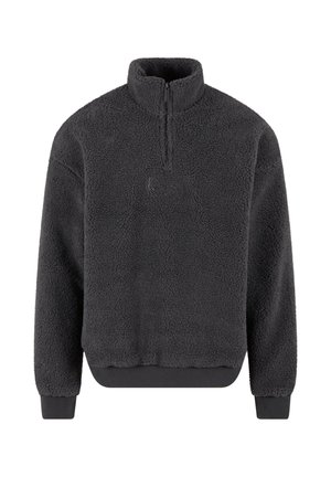 Fleece pull-over in dark gray with a high collar, half-zip, elastic cuffs, and waistband; soft texture with a small logo on the front.