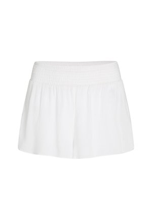 White shorts made of lightweight fabric with a smocked waistband and a relaxed fit, featuring a flared shape and subtle texture.