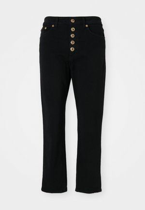 Jeans in denim nero dalla forma aderente, con vita alta e chiusura a cinque bottoni. Include due tasche anteriori e dettagli in metallo dorato.