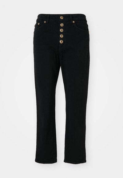 Jeans de mezclilla negra con una forma ajustada, que cuentan con una cintura alta y un cierre de cinco botones. Incluyen dos bolsillos frontales y herrajes en tono dorado.