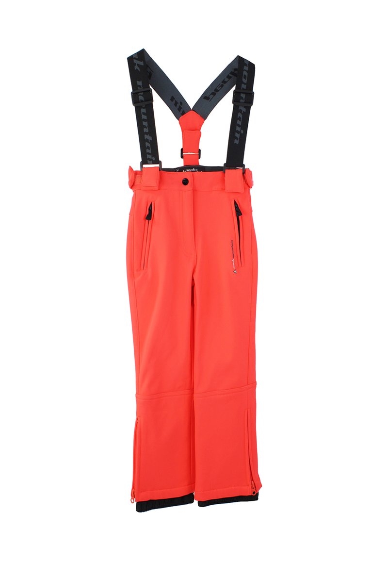 Pantalons de ski imperméables orange avec bretelles noires réglables, poches zippées et chevilles zippées pour une ventilation et un enfilage facile.