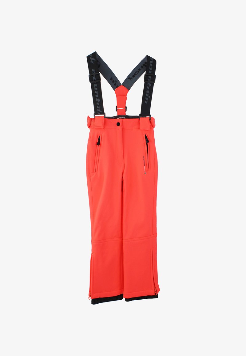 Pantalons de ski imperméables orange avec bretelles noires réglables, poches zippées et chevilles zippées pour une ventilation et un enfilage facile.