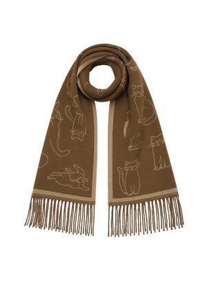 Brauner Schal mit Tiermotiven, darunter Katzen und Hasen. Verfügt an beiden Enden über Fransen und hat eine glatte Textur. Mit helleren Streifen akzentuiert.