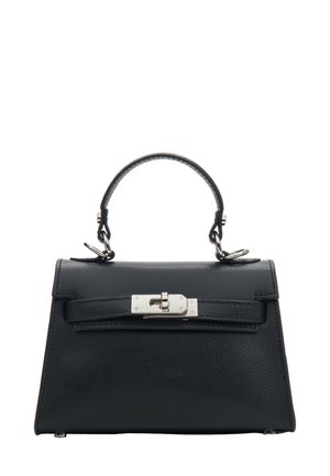 Black leather handbag with a structured design, featuring a top handle, silver hardware, and a clasp detail. Textured surface and sleek lines.