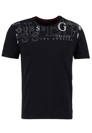 Zwart katoenen T-shirt met korte mouwen. Voorzien van witte tekst "GUESS LOS ANGELES" en herhaalde logodesigns in verschillende maten. Ronde halslijn.