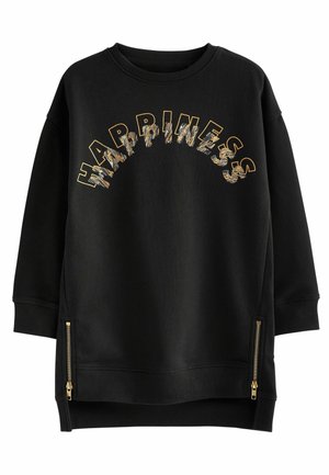 Sweat-shirt noir à manches longues avec "HAPPINESS" courbé sur la poitrine en lettres dorées et imprimé floral, et des détails de fermeture éclair dorés à l'ourlet.