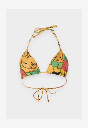 Τριγωνικό τοπ μπικίνι με ρυθμιζόμενους δεσμούς, με πολύχρωμο φρουτώδες σχέδιο σε κίτρινες, πράσινες, κόκκινες και μαύρες αποχρώσεις.