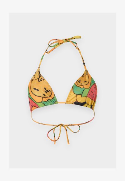 Haut de bikini triangle avec liens réglables, avec un motif fruité coloré en jaune, vert, rouge et accents noirs.