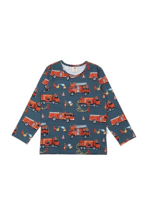 Long-sleeve shirt in dark blue fabric featuring repeated red fire truck and firefighter illustrations with cones and flames.