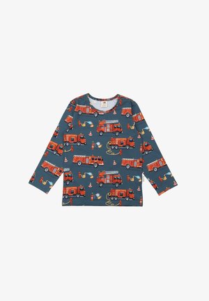 Long-sleeve shirt in dark blue fabric featuring repeated red fire truck and firefighter illustrations with cones and flames.