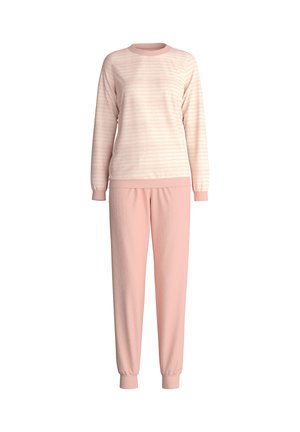 Lichtroze loungewear set bestaande uit een gestreepte lange mouwen top met ronde hals en bijpassende joggerbroek. Zacht materiaal, ribbelmanchetten.