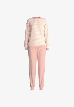 Lichtroze loungewear set bestaande uit een gestreepte lange mouwen top met ronde hals en bijpassende joggerbroek. Zacht materiaal, ribbelmanchetten.
