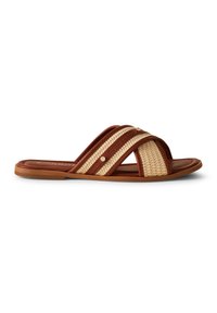 Brown and beige slide sandal with woven texture and crossed straps; features smooth soles and small accent hardware.