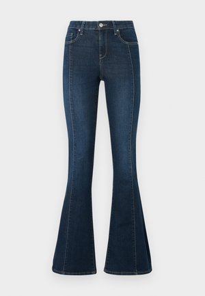 Dunkelblaue Jeans mit ausgestelltem Bein aus Denim, mit hohem Bund, zwei Vordertaschen und kontrastierenden Nähten entlang der Nähte.