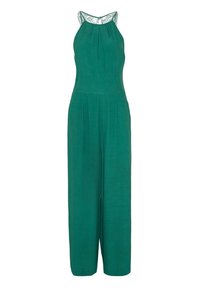 Zelený lněný overal s plisovaným předním dílem, halter výstřihem s krajkovým lemem a širokým střihem nohavic pro pohodlné nošení.