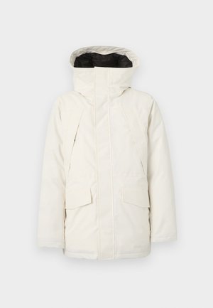 Light cream parka with a high collar and hood, featuring a zip front, two large chest pockets, and a smooth, matte texture.