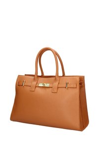 Borsa in pelle marrone chiaro con doppi manici arrotondati, dettagli in hardware dorato, forma strutturata e superficie testurizzata. Presenta una chiusura a scatto.