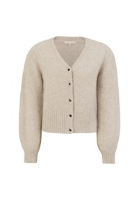 Cárdigan de punto beige con cuello en V, puños y dobladillo acanalados, seis botones negros y tejido texturizado. Estilo corto con un acabado suave.