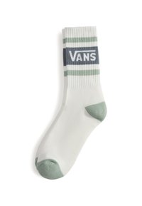 Calcetines de algodón blancos con rayas verdes y grises, con el logotipo "VANS" destacado en el tobillo y un acento verde en la puntera.