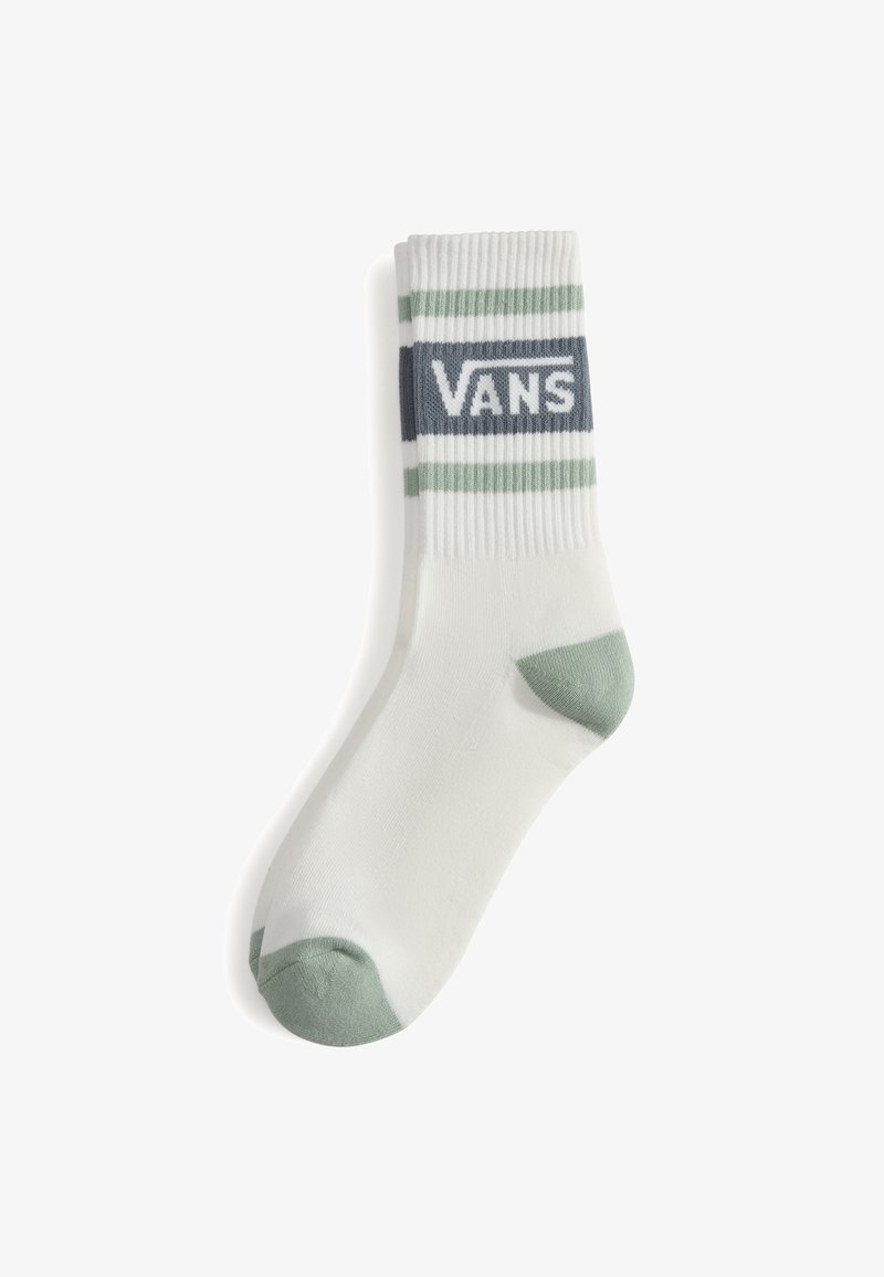 Calcetines de algodón blancos con rayas verdes y grises, con el logotipo "VANS" destacado en el tobillo y un acento verde en la puntera.