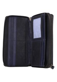Navy leather wallet with a zip-around closure, multiple card slots, and a checkered ID window. Soft texture and stitched accents.