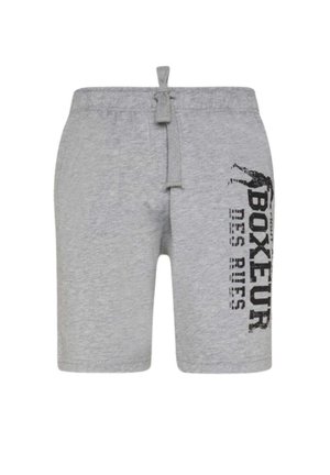 Pantaloni corti grigi in cotone con cintura elastica e cordoncino regolabile. Presentano un design stampato nero lungo il lato sinistro.