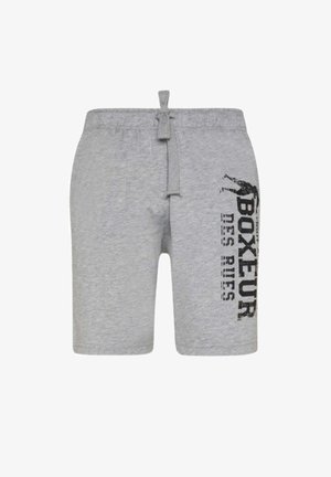 Shorts en coton gris avec une taille élastique et un cordon de serrage réglable. Présente un design imprimé noir sur le côté gauche.