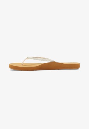 Flat, tan flip-flop with a thick sole, featuring a white braided strap. The design is simple with a smooth texture and minimal detailing.
