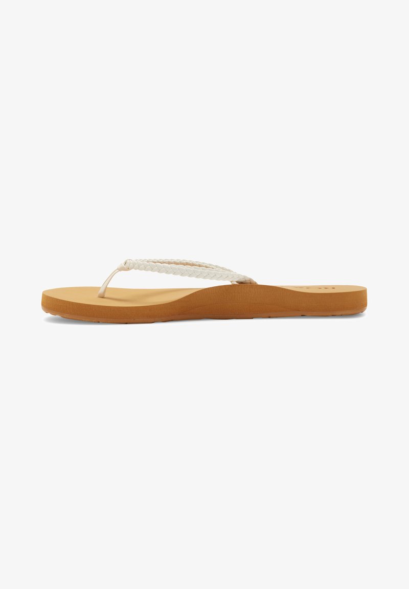 Flat, tan flip-flop with a thick sole, featuring a white braided strap. The design is simple with a smooth texture and minimal detailing.