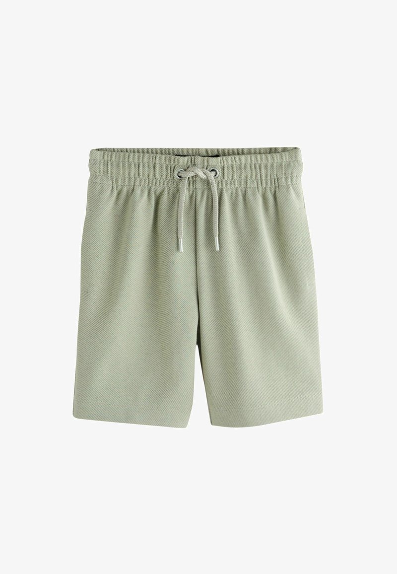 Shorts de bain vert clair en tissu texturé ; dotés d'une ceinture élastique avec cordon de serrage et de poches latérales.
