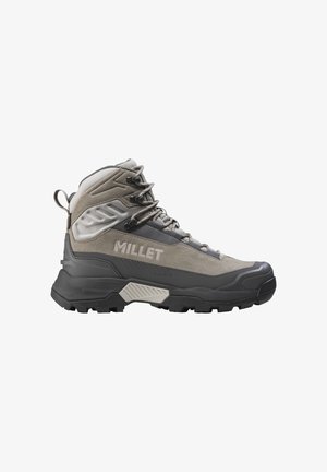 Light grey hiking boot with a suede upper, rubber sole, reinforced toe, and textured accents. Features prominent lacing and brand logo.