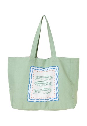 Light green tote bag with three green fish illustrations framed by blue and pink dotted wavy lines on the front.