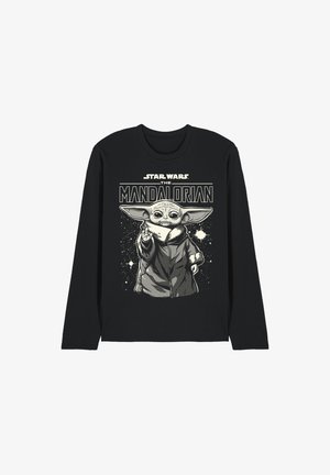 Black long-sleeve shirt with illustration of Baby Yoda wearing a cloak, surrounded by stars, and the text "Star Wars The Mandalorian" above.