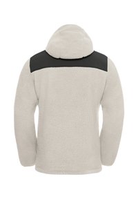 Giacca in fleece di colore grigio chiaro con pannello spalla nero, cappuccio e superficie testurizzata; presenta maniche lunghe e orlo dritto.
