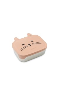 Cutie mic rectangulară pentru prânz cu capac roz, având fața și urechile unei pisici, bază din oțel inoxidabil și logo-ul "LIEWOOD" pe capac.