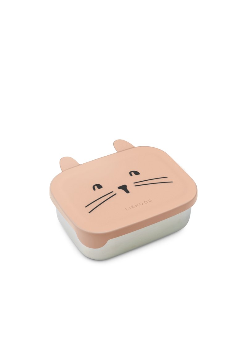 Cutie mic rectangulară pentru prânz cu capac roz, având fața și urechile unei pisici, bază din oțel inoxidabil și logo-ul "LIEWOOD" pe capac.