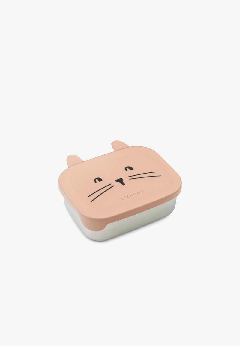 Cutie mic rectangulară pentru prânz cu capac roz, având fața și urechile unei pisici, bază din oțel inoxidabil și logo-ul "LIEWOOD" pe capac.