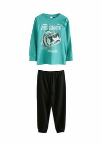 Teal långärmad tröja med "PRO GAMER"-grafik och svarta elastiska midjebyxor, tillverkade av mjukt, slätt tyg. Avslappnad, bekväm outfit.